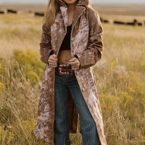 Rustic Chic: Cow Print Long Trench Coat - Western Faux Hide Duster New